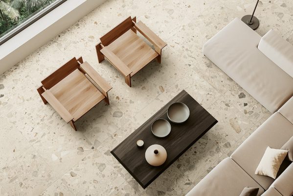 Top view of wooden living room interior with sofa, two armchairs and coffee table with minimalist decoration. Relaxing corner with panoramic window on tropics. 3D rendering
